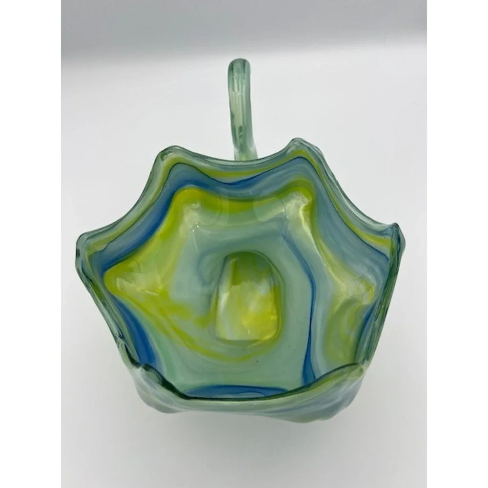 Vintage Art Glass Swan Bowl Blue Green Yellow Swirl Ruffled Edge Centerpiece